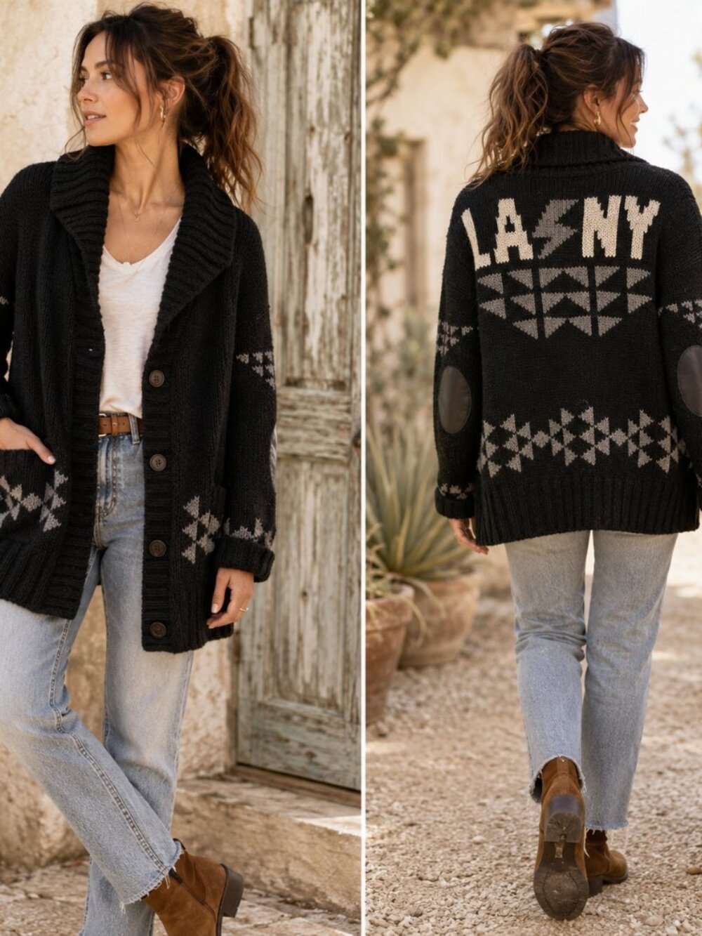 291 Venice Wool Alpaca Cardigan Womens 3/L Black Shawl Collar Elbow Patch LA NY